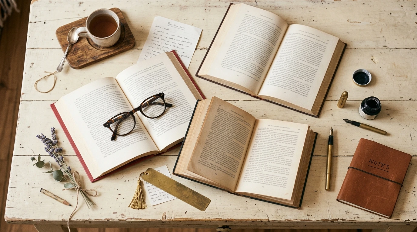 Libri aperti e occhiali da lettura su una scrivania avorio