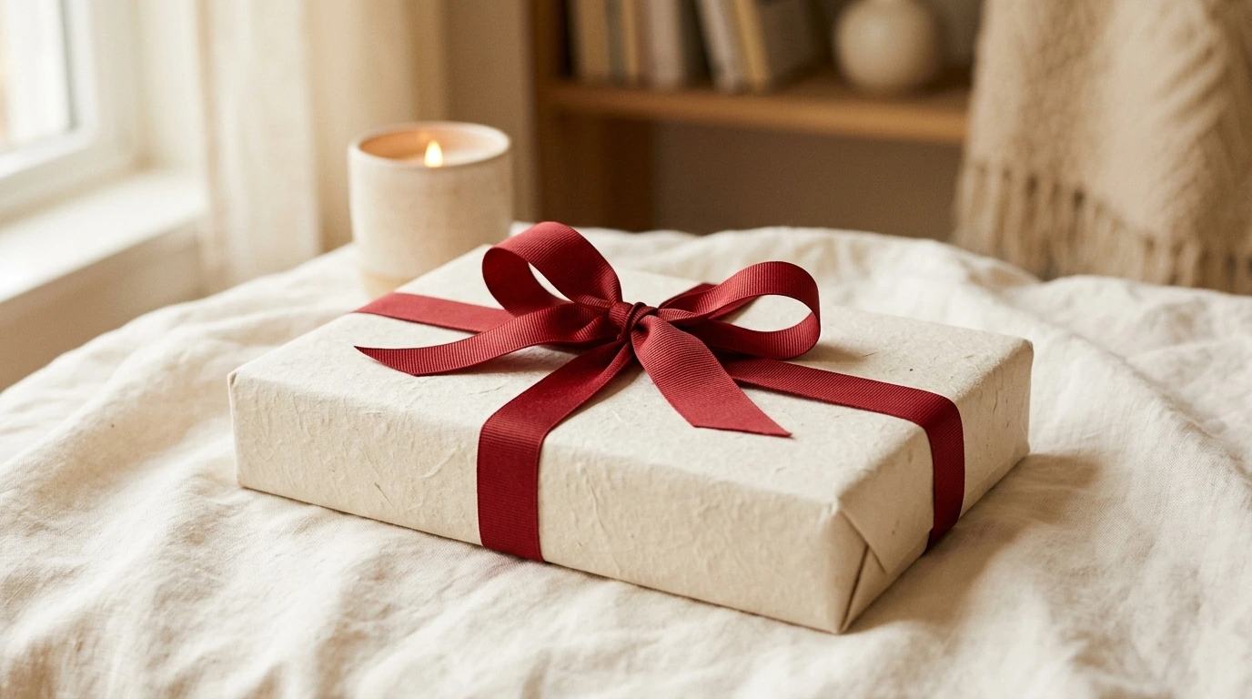 Libro confezionato come regalo con nastro rosso