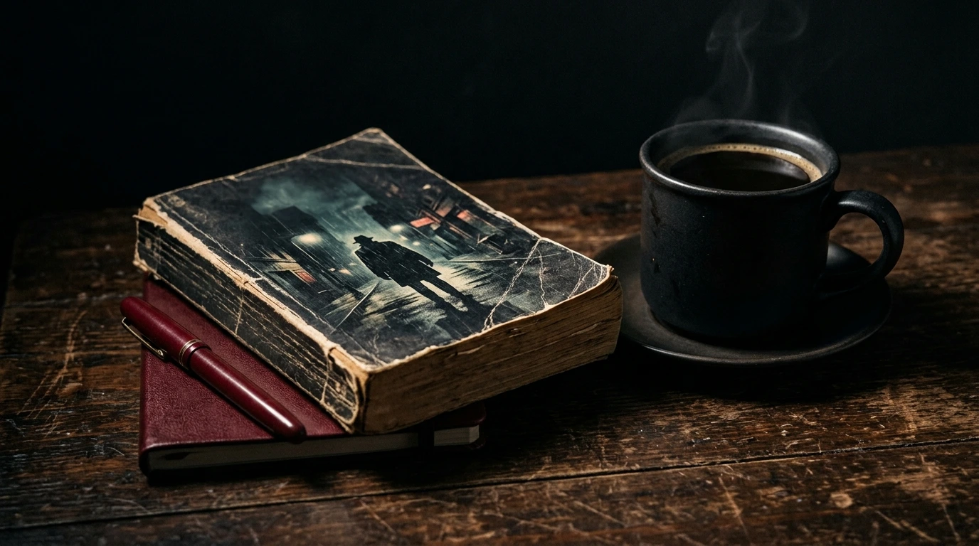 Romanzo giallo e tazza di caffè in atmosfera noir