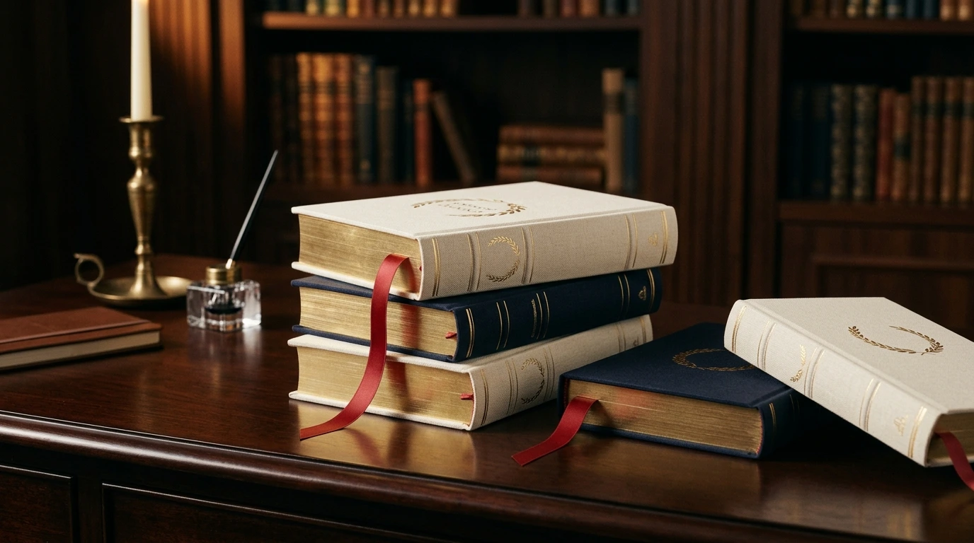 Libri di pregio su un tavolo elegante sotto un riflettore morbido
