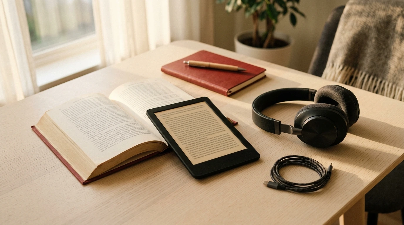 Cuffie, e-reader e libro cartaceo affiancati su una scrivania avorio