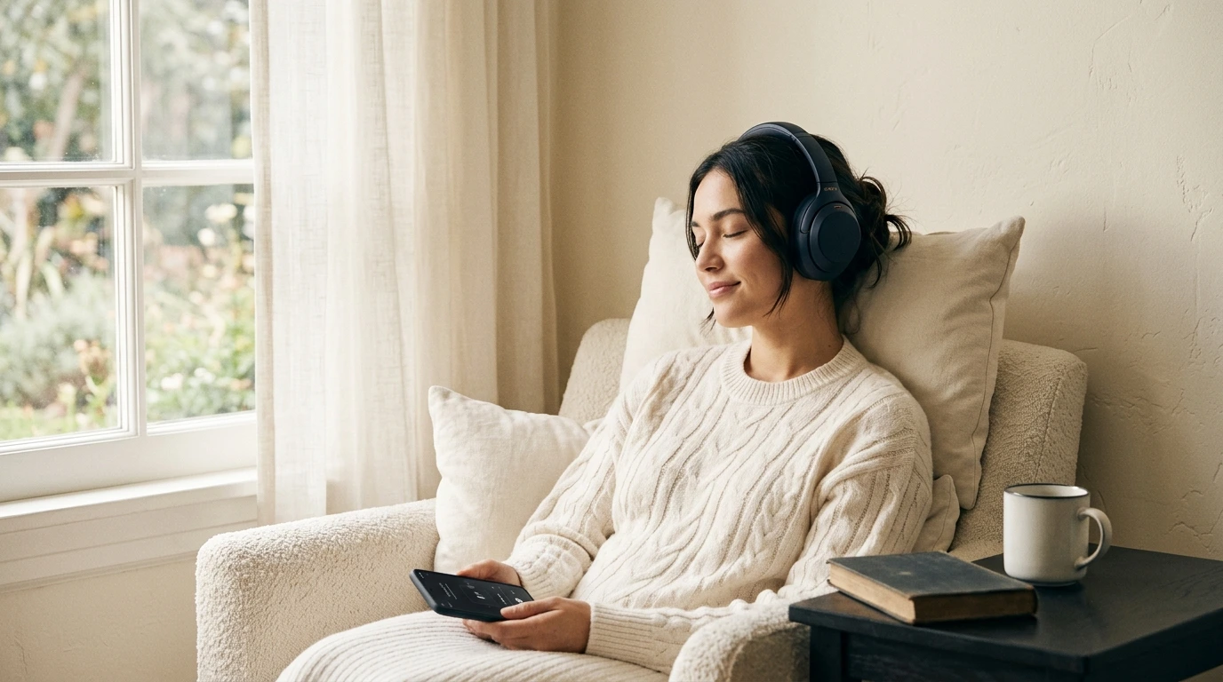 Persona che ascolta un audiolibro con le cuffie
