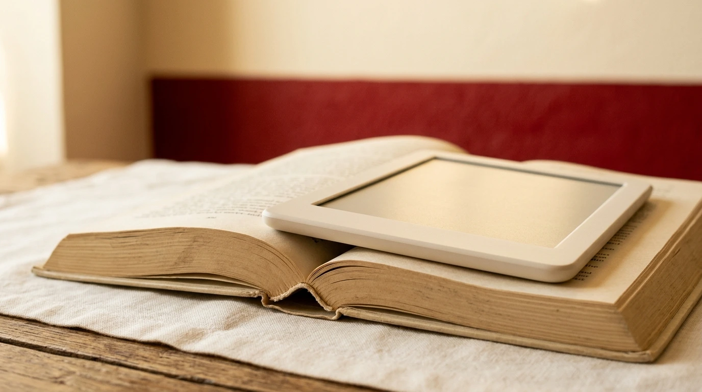 E-reader appoggiato su un libro di carta aperto