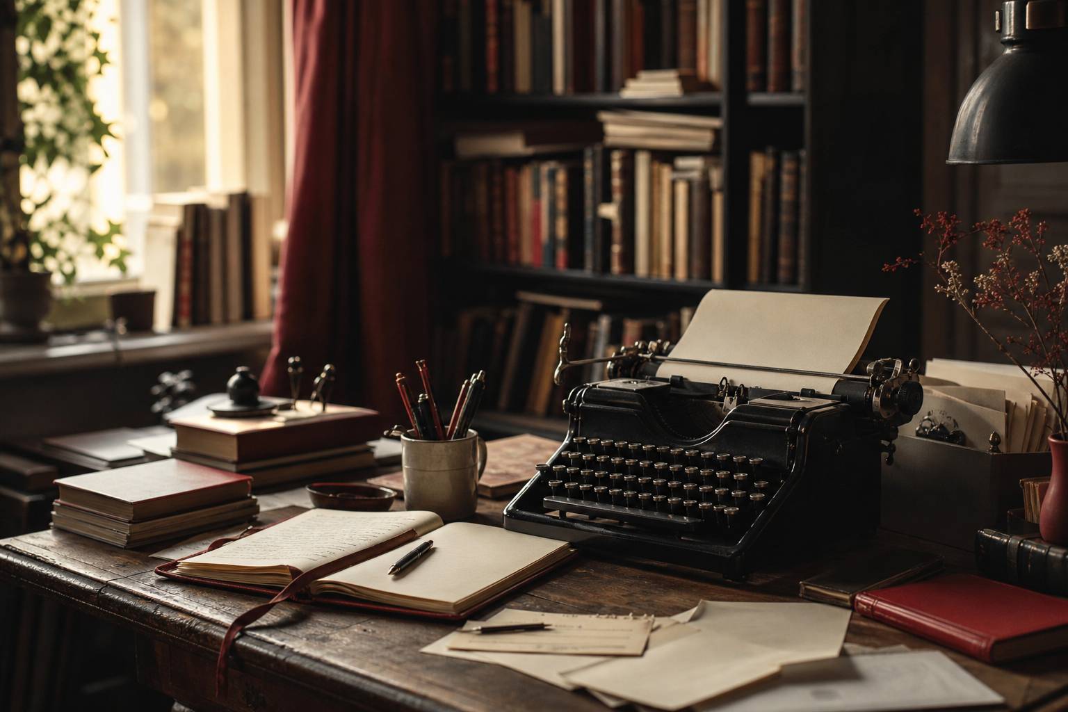 Bureau d'écrivain avec machine à écrire vintage et carnets ouverts, ambiance littéraire