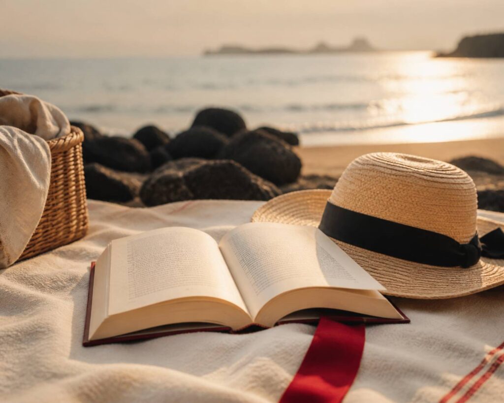 Plage ou jardin avec livre sur serviette et chapeau, lecture estivale