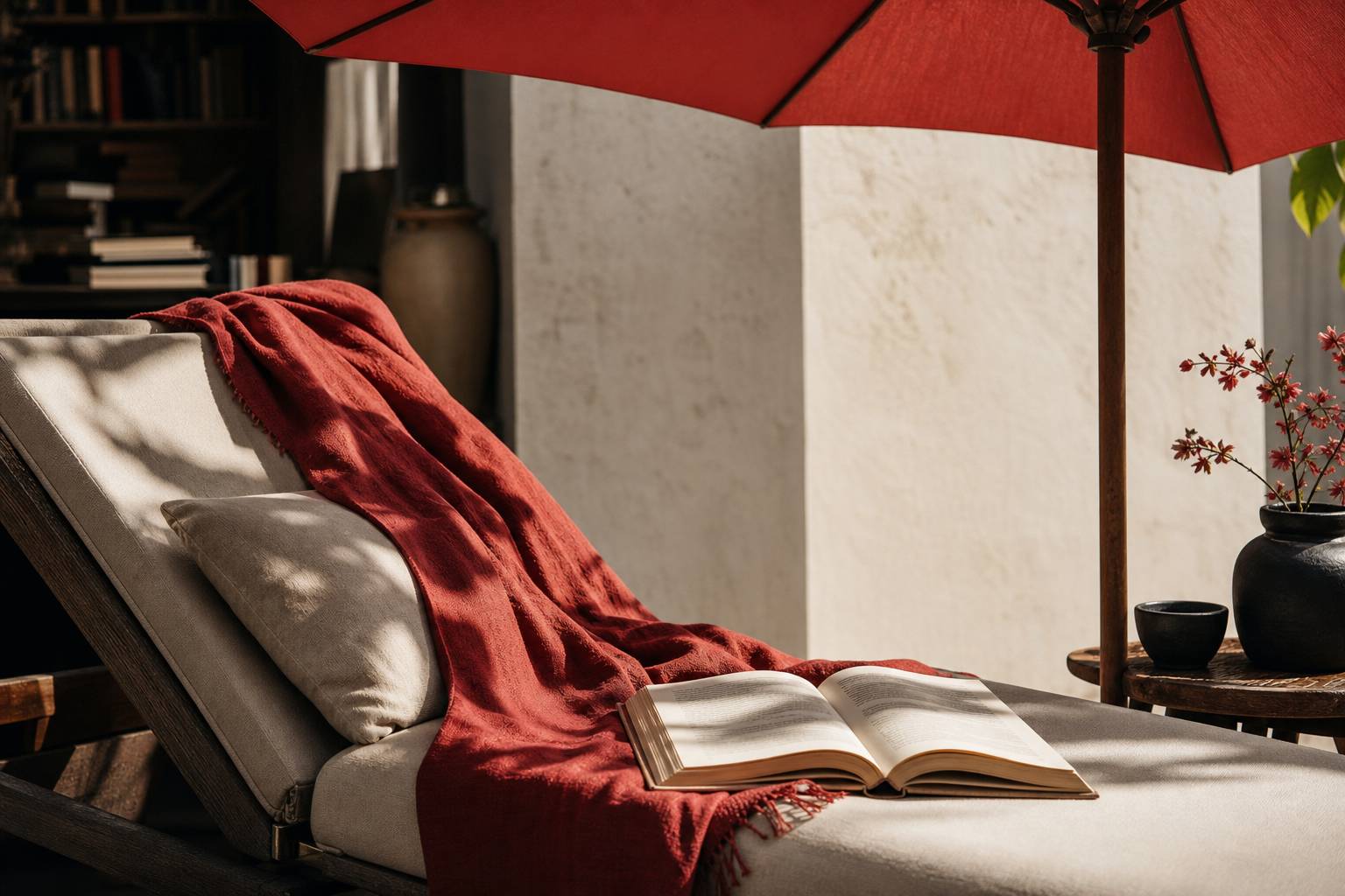 Transat avec livre posé, parasol, ambiance estivale détendue