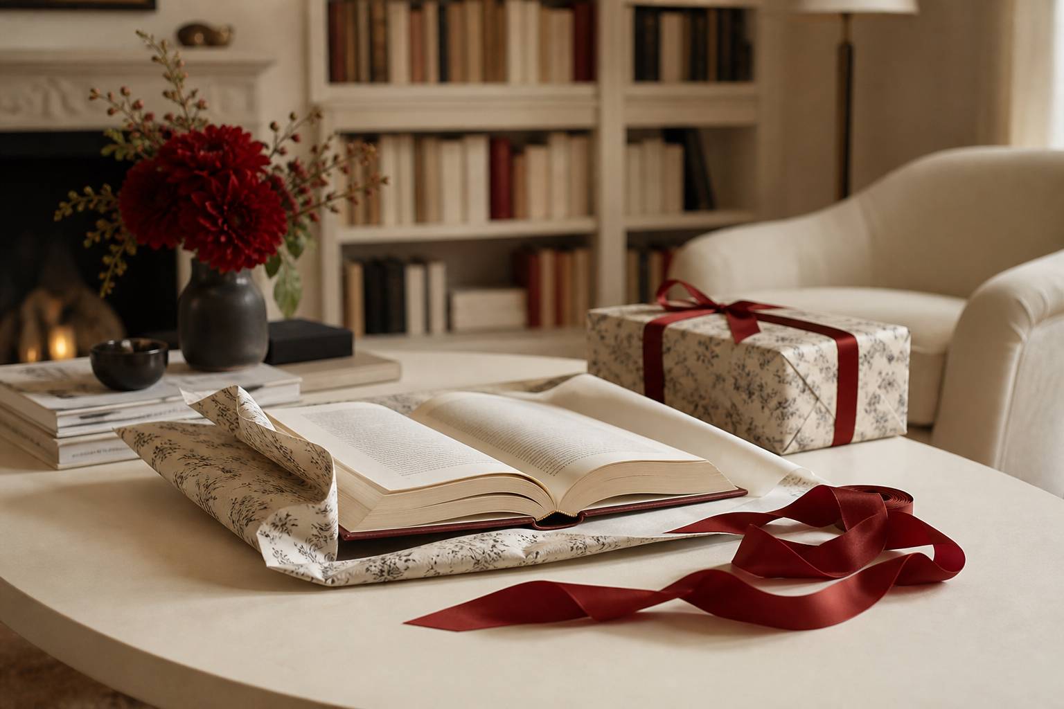 Table avec livre ouvert à offrir, ruban cadeau, emballage élégant