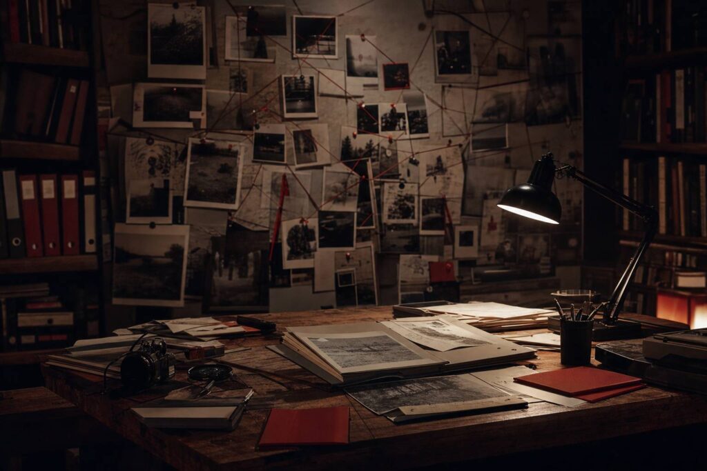 Bureau d'investigation avec dossiers ouverts et photos au mur, ambiance true crime