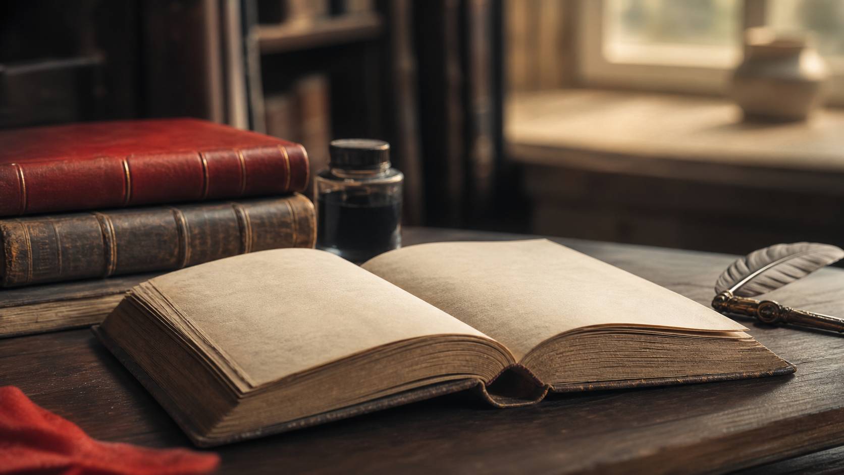 Libro antico aperto su scrivania di legno, pila di classici, atmosfera filosofica intima