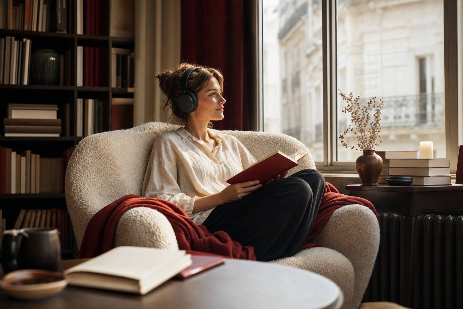 Personne lisant sur ereader dans un fauteuil confortable, bibliothèque chaleureuse