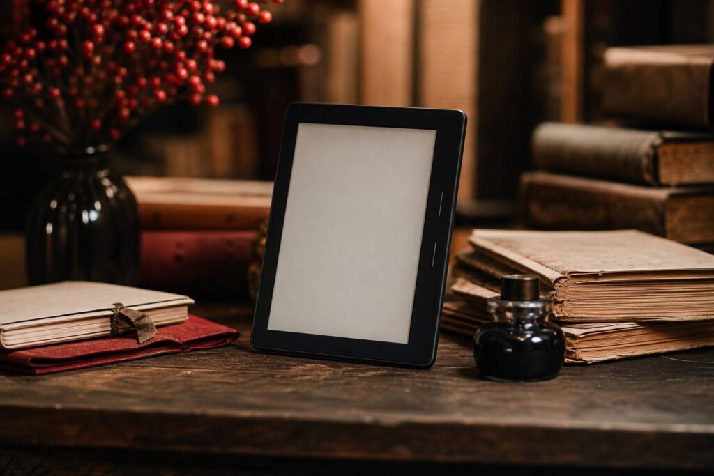Migliori ereader: guida all'acquisto del lettore e, ereader et livres sur table en bois, ambiance librairie
