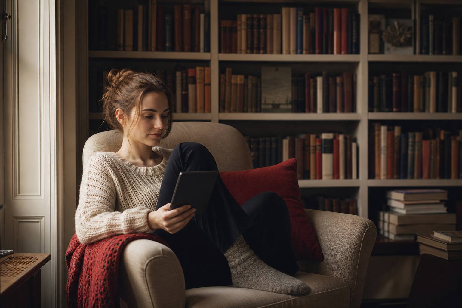 Personne lisant sur ereader dans un fauteuil confortable, bibliothèque chaleureuse