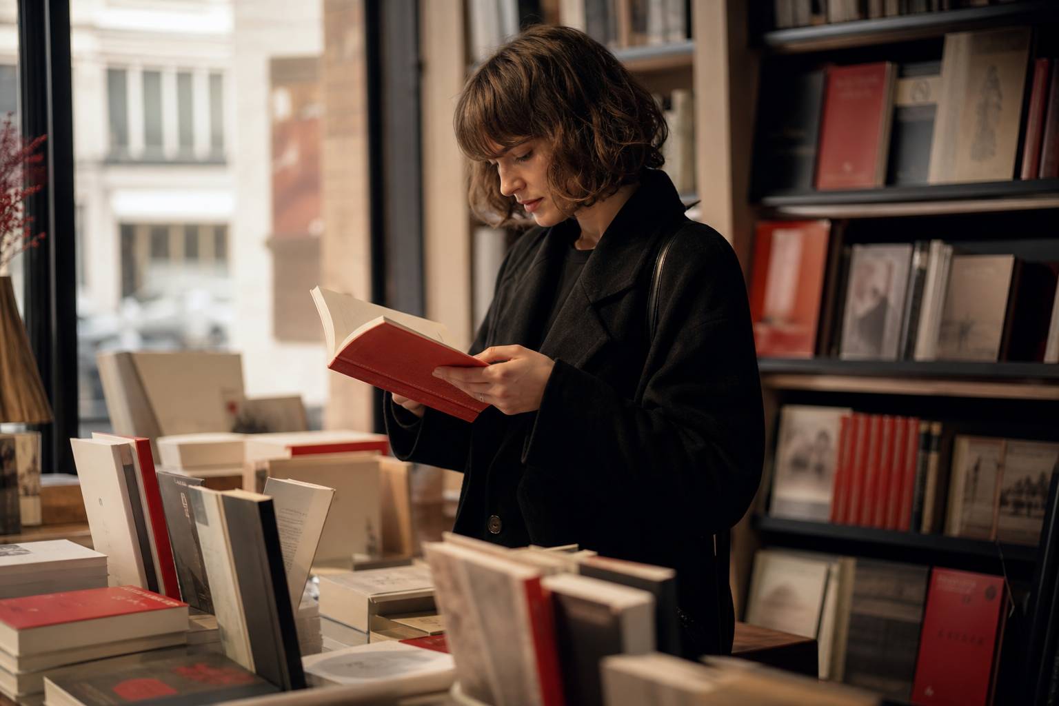 Personne feuilletant un nouveau livre en librairie, étagères de nouveautés en arrière-plan