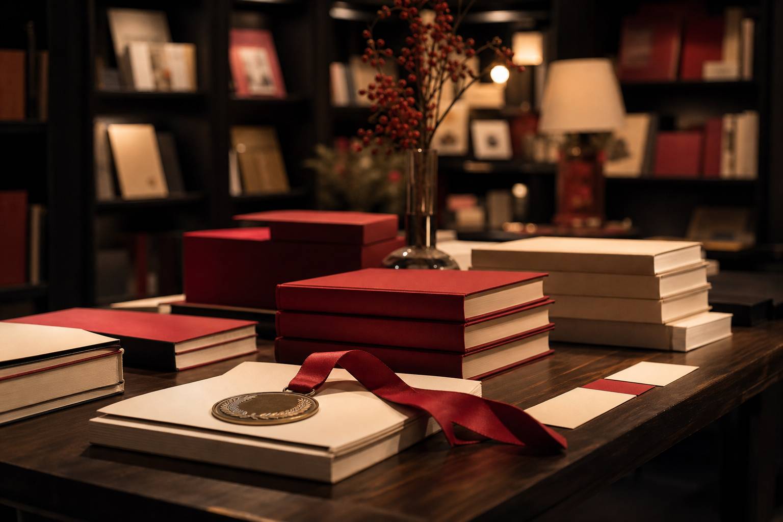 Table de présentation avec livres empilés et médaille littéraire, ambiance prix