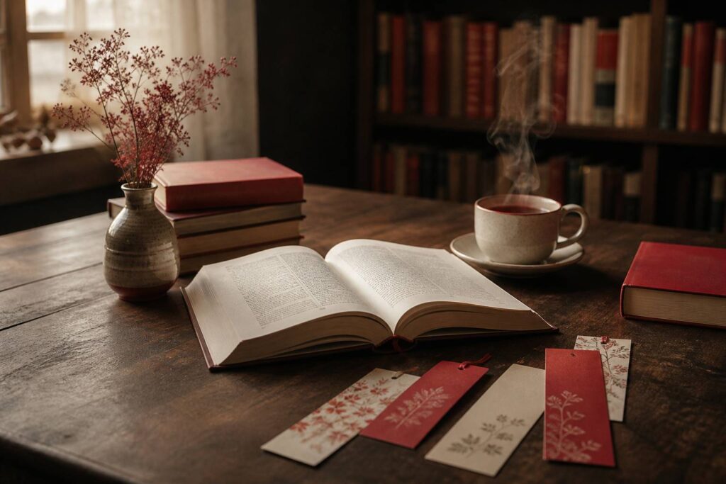 Table en bois avec livre ouvert et tasse de thé, marque-pages, ambiance débutant lecteur