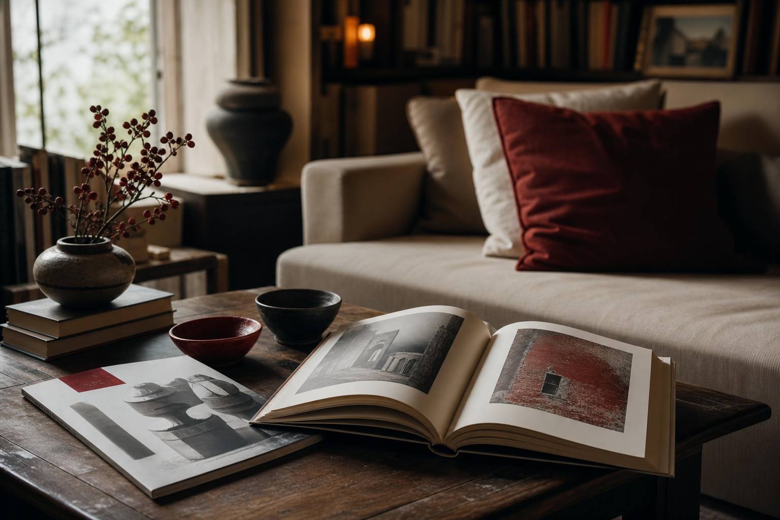 Table basse avec revue littéraire et livre italien ouvert