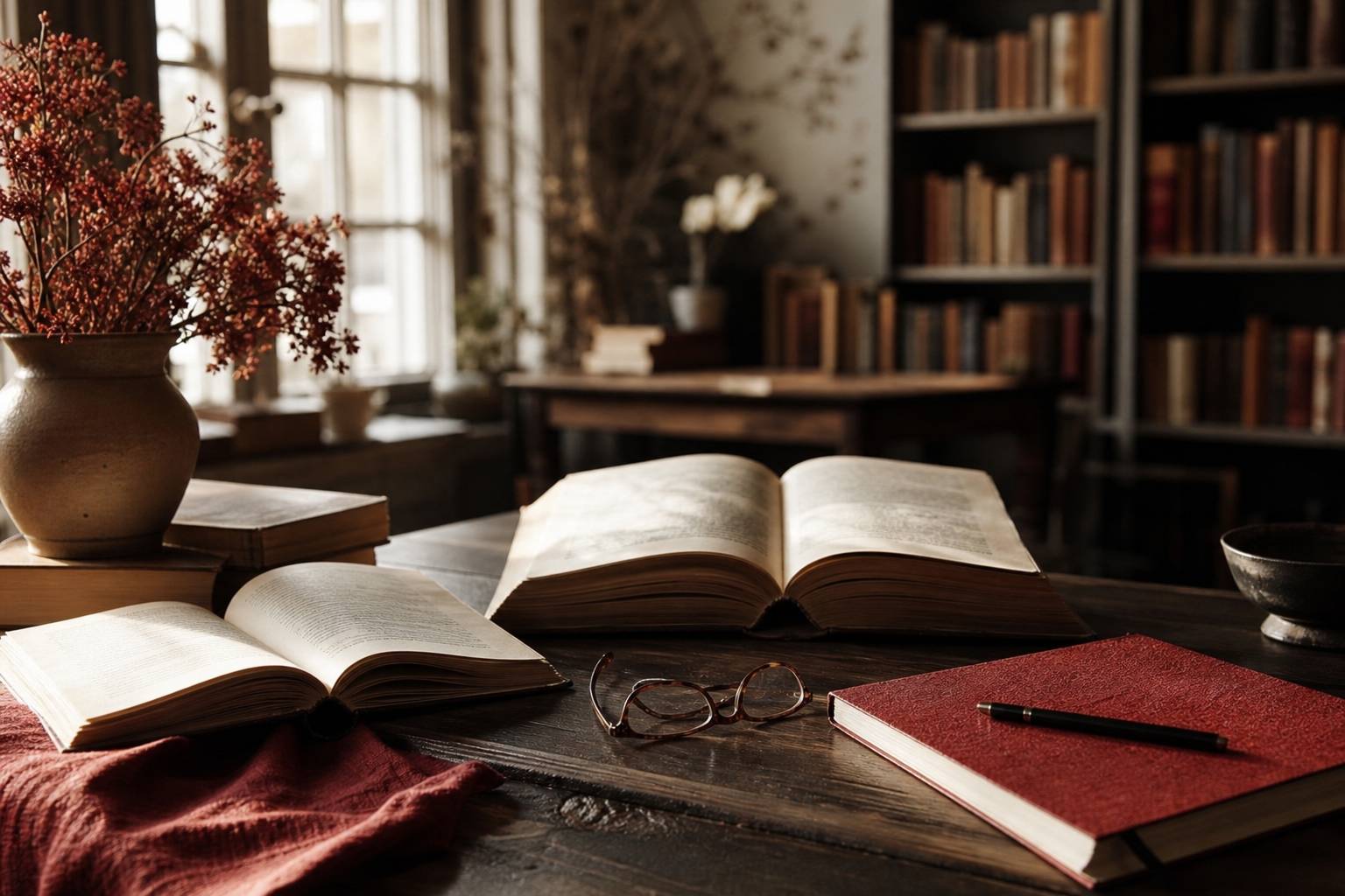 Table de travail avec livres de sagesse ouverts, lunettes, carnet