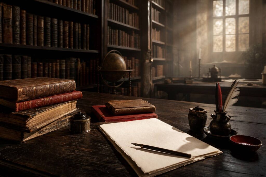 Biblioteca antica con libri in pelle e luce calda, riflessioni filosofiche sulla vita