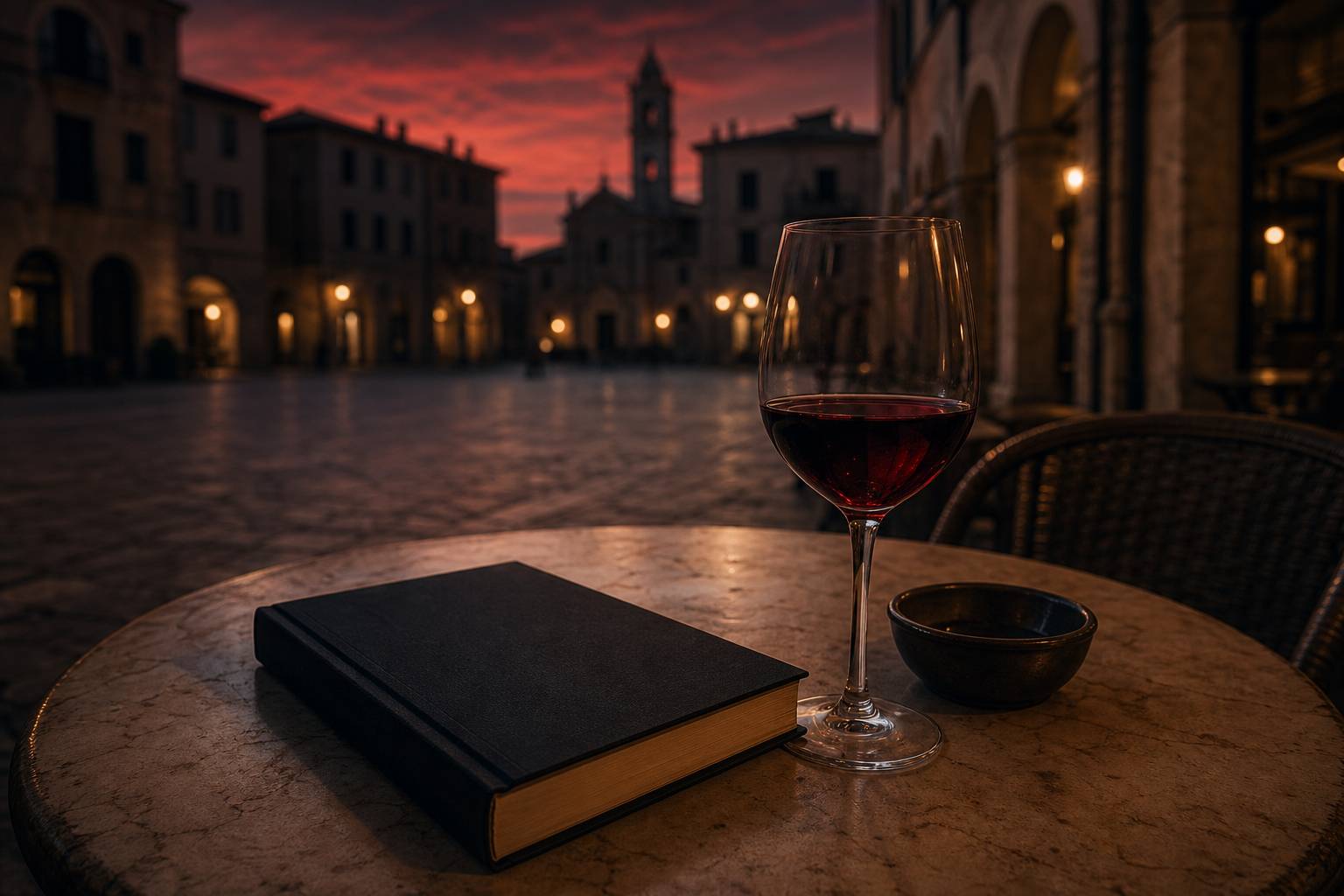 Table de café italien avec livre noir et verre de vin, ambiance roman noir au crépuscule