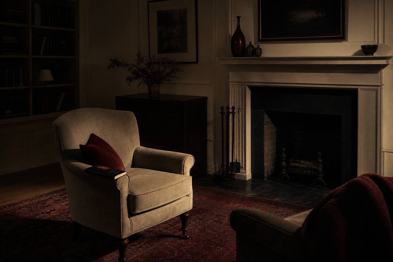 Fauteuil vide près cheminée avec livre de thriller, ombres allongées, ambiance psychologique