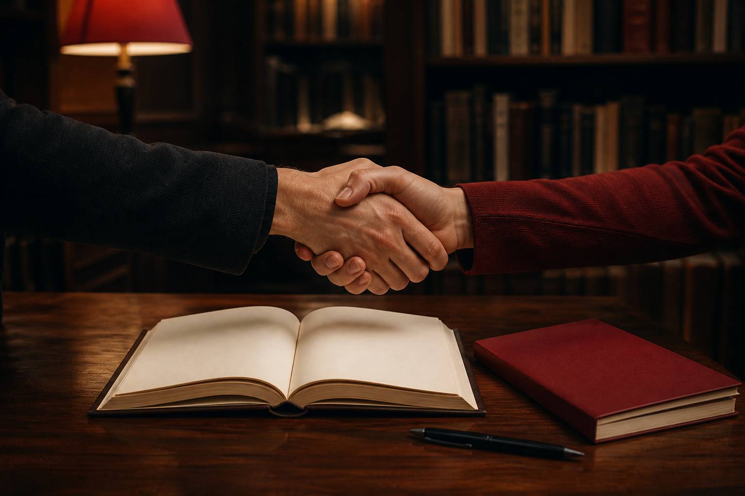 Mani che si stringono sopra un libro aperto in biblioteca