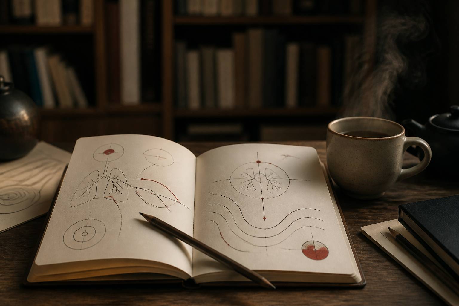 Livre ouvert avec schémas de respiration sans texte lisible et tasse de thé