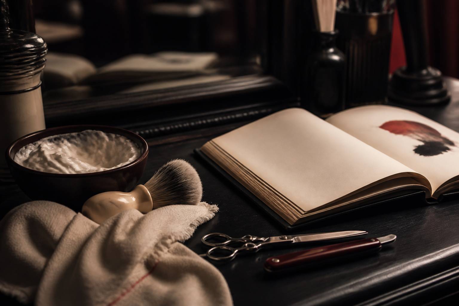 Table de barbier avec ciseaux, blaireau et un livre ouvert près du miroir