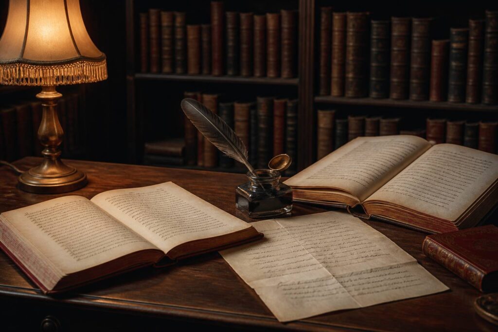 Bibliothèque intime avec livres anciens ouverts, plume et encrier éclairés par une lampe ambrée
