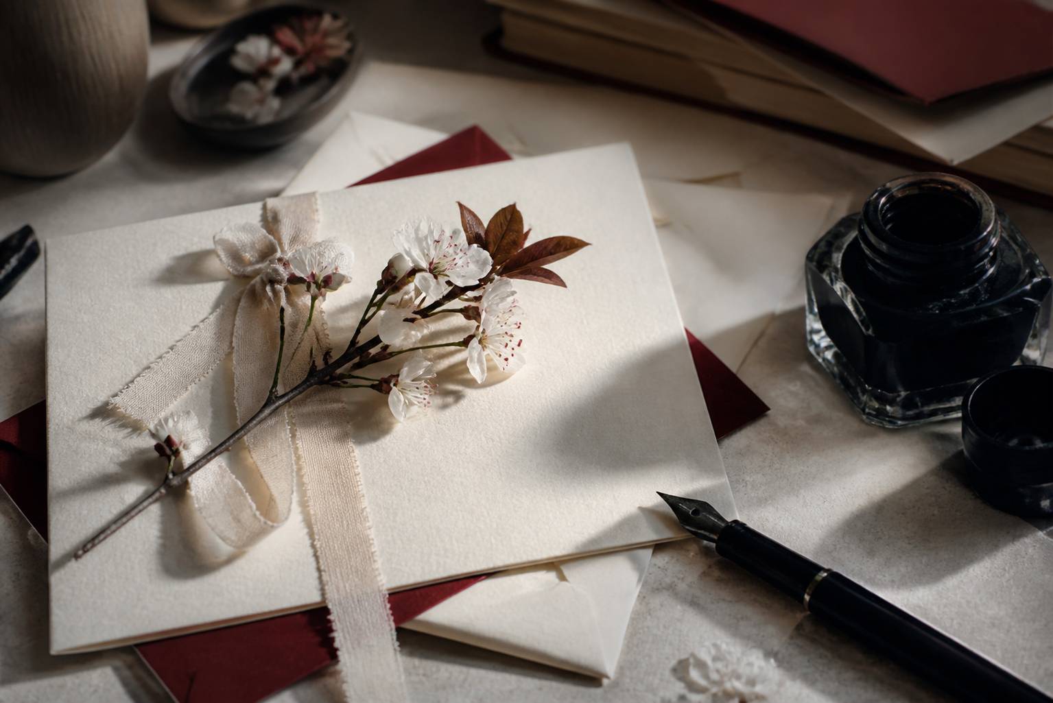 Carte de vœux en papier ivoire sur un bureau avec stylo plume, encrier et fleurs fraîches