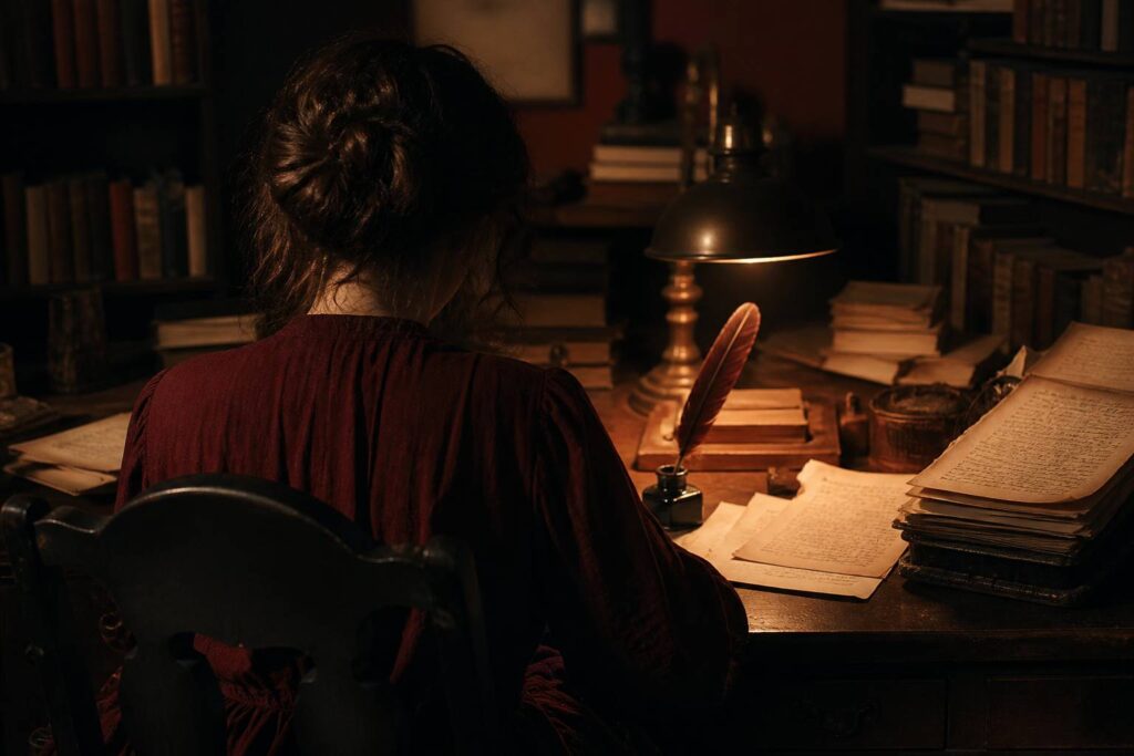 Bureau d'écrivain avec plume encrier et manuscrits