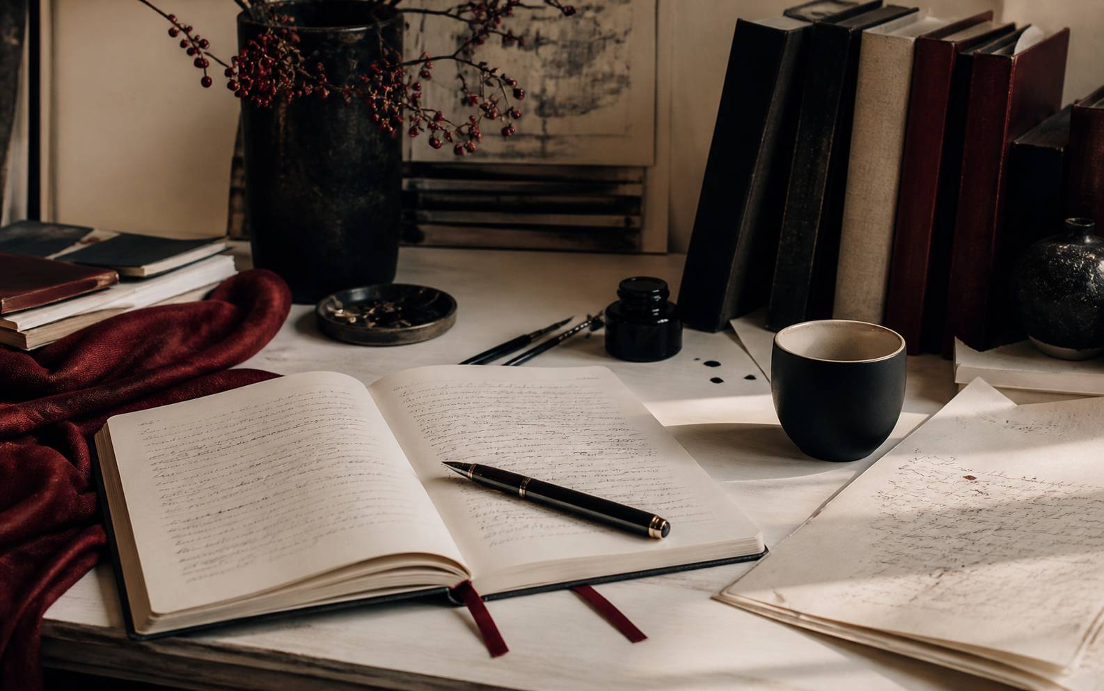 Carnet ouvert avec des pages de citations, un stylo plume et du papier ivoire sur un bureau