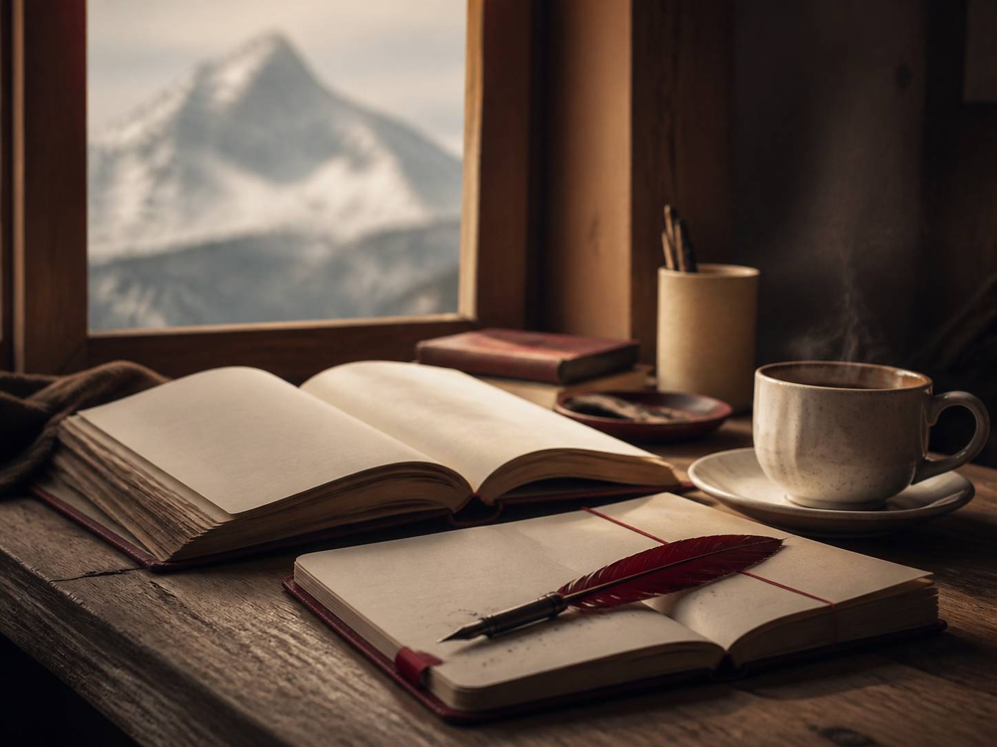 Carnet d'écriture et plume sur une table en bois face à la montagne