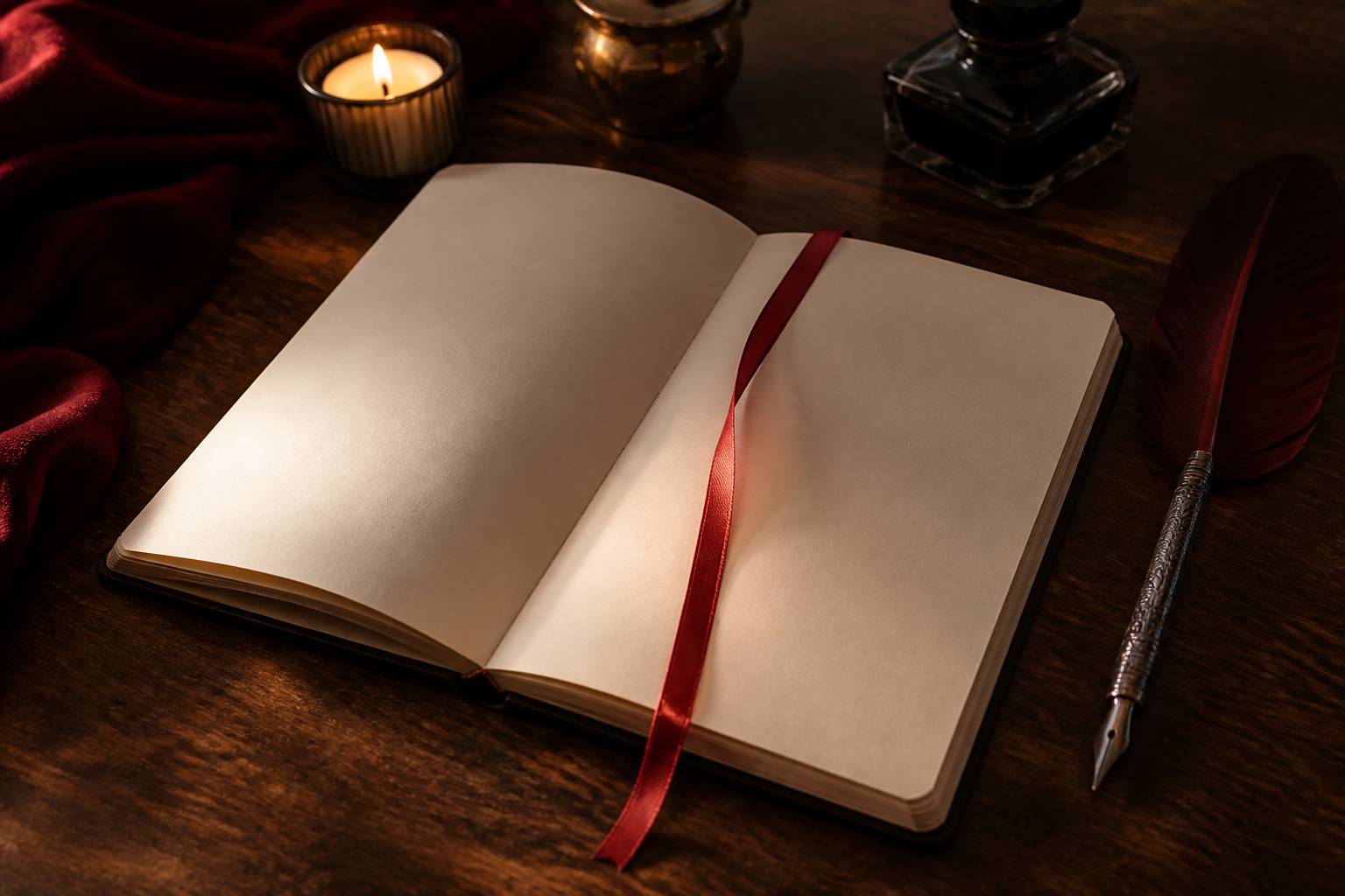 Carnet ouvert aux pages vierges avec une plume et un ruban, ambiance d'écriture de dédicace