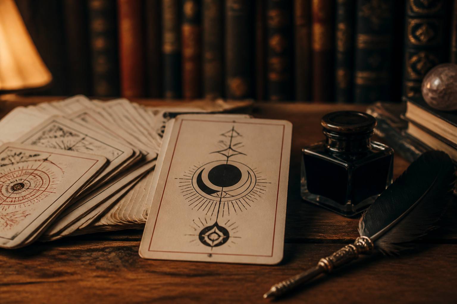 Cartes de tarot anciennes posées sur un bureau avec plume et encrier