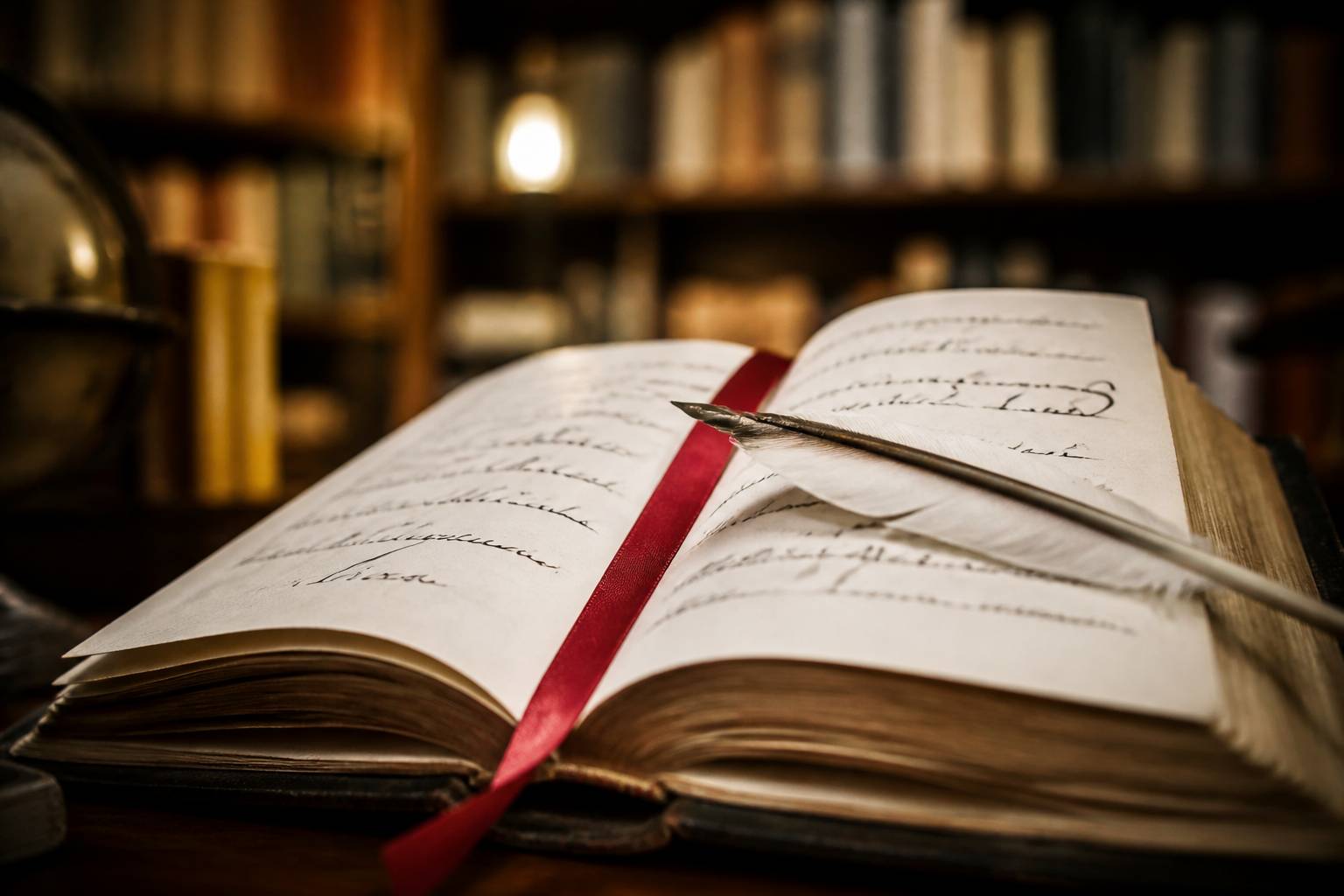 Page de livre ancien avec citation manuscrite à l'encre et plume posée en travers