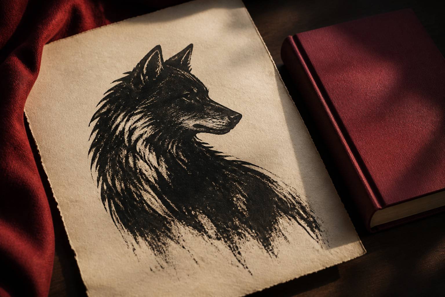 Silhouette stylisée de loup en encre sombre sur un fond de papier ancien ivoire