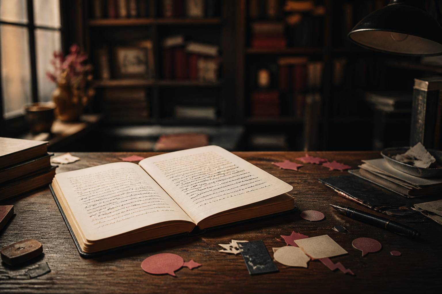 Carnet d'écriture avec un stylo et des formes de sons dessinées sur une table