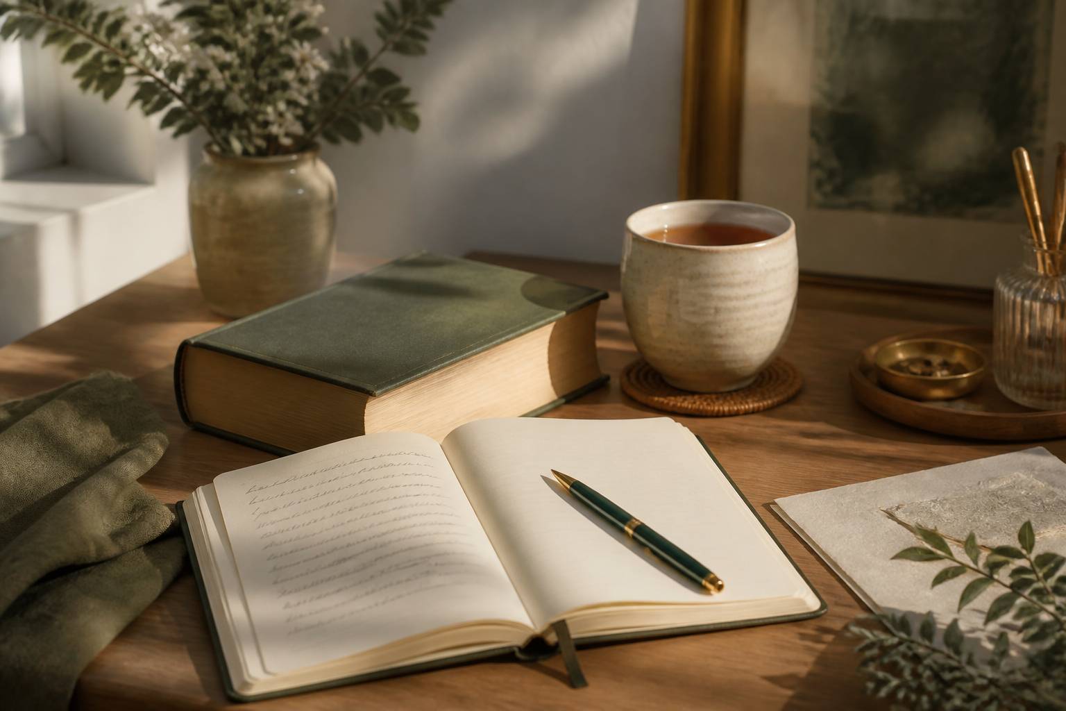 Mots doux et stylo sur un carnet avec dictionnaire ouvert à côté d'une tasse
