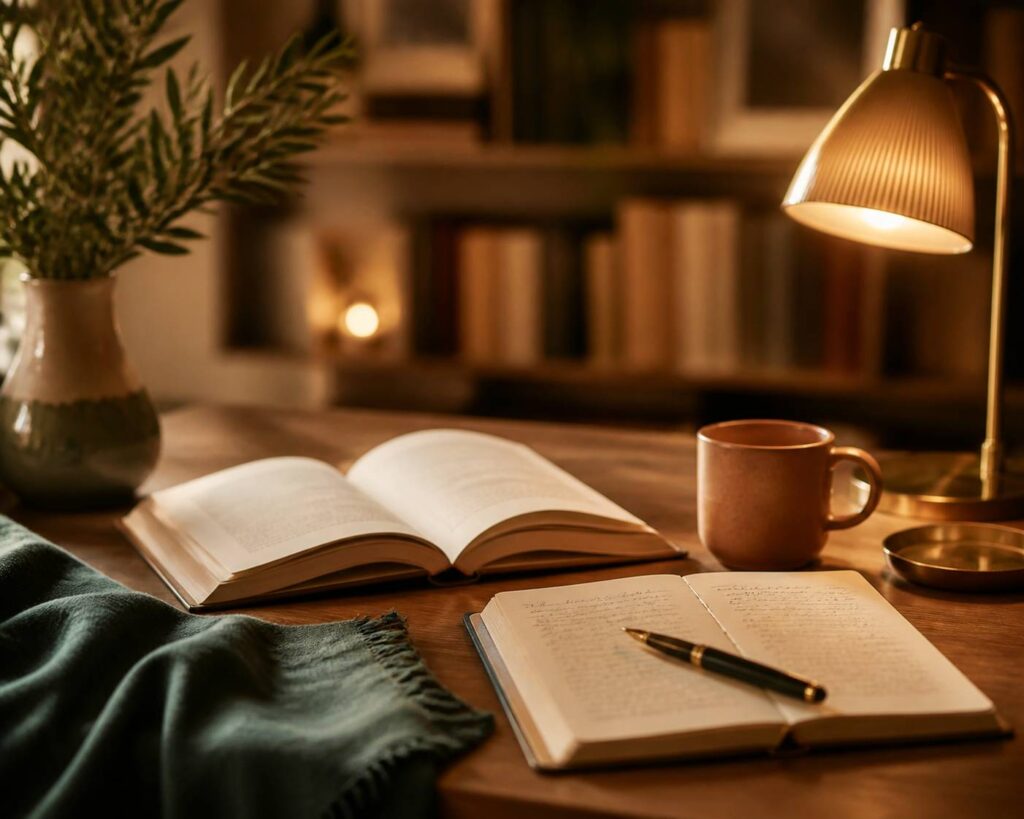 Livre ouvert, carnet et stylo sur une table avec une lumière chaleureuse
