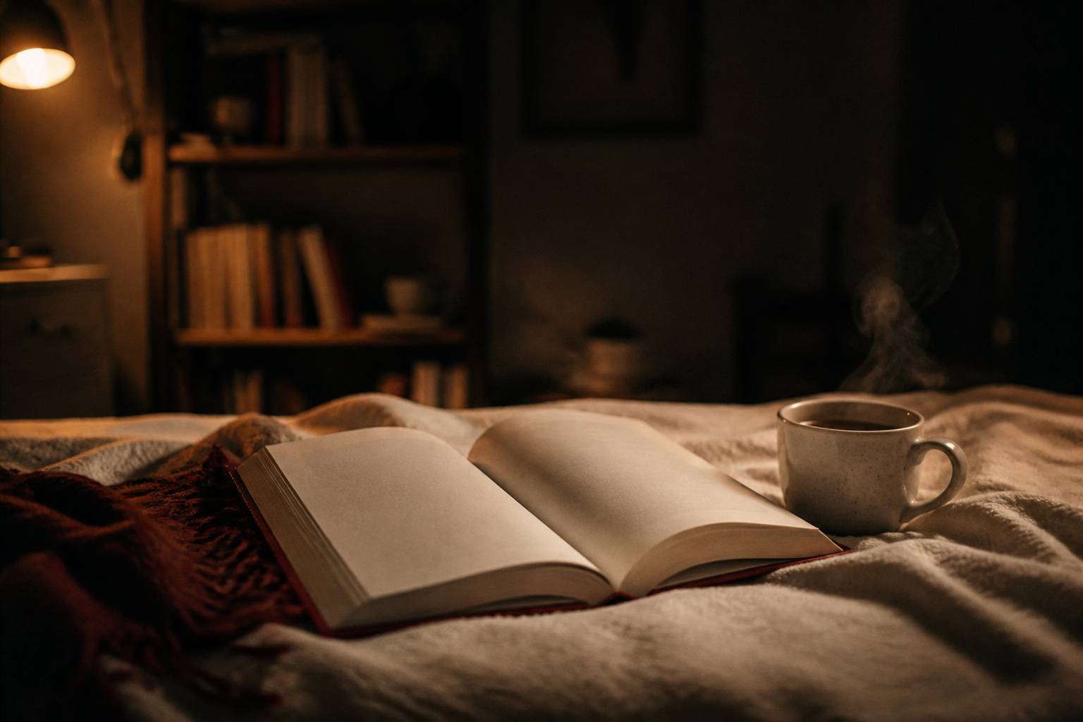 Livre ouvert posé sur une couverture dans une ambiance nocturne apaisante