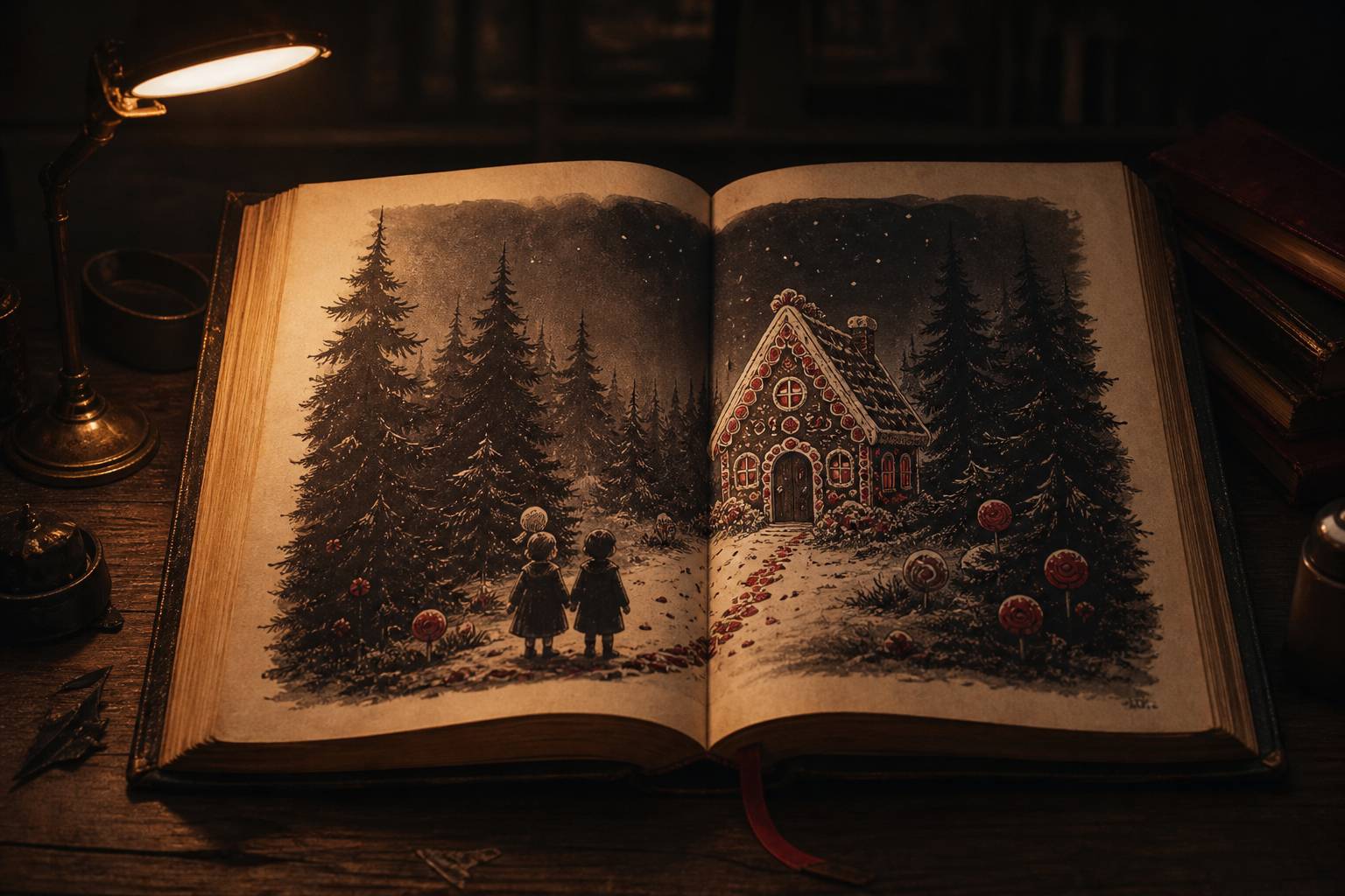 Illustration à l'encre d'une maison en pain d'épices dans une forêt