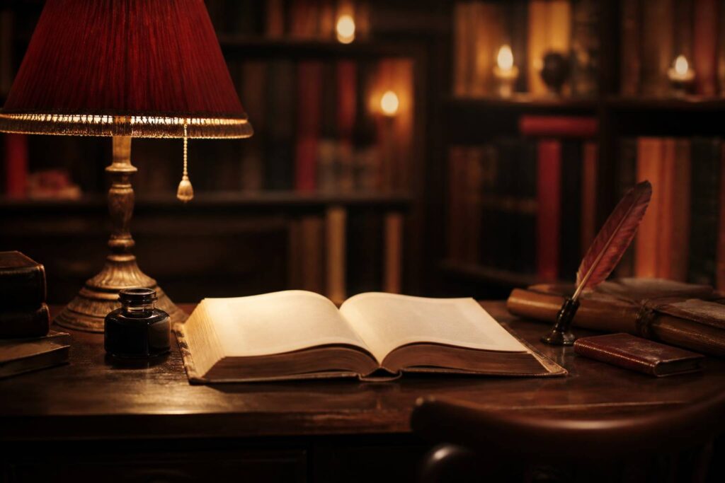 Vieux livre ouvert avec plume et encrier dans une bibliothèque intime