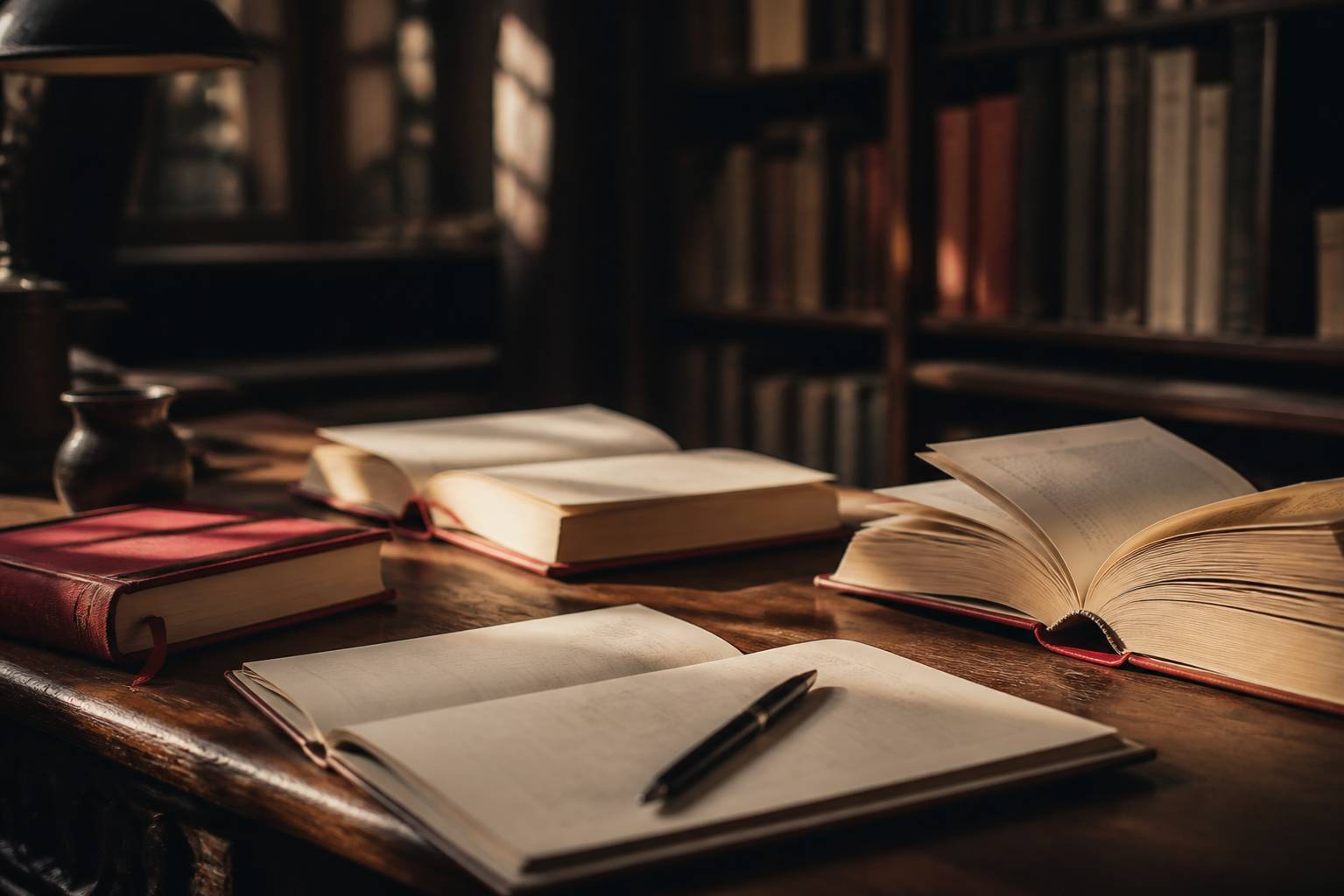 Livres ouverts et carnet de notes sur un bureau de bibliothèque chaleureuse