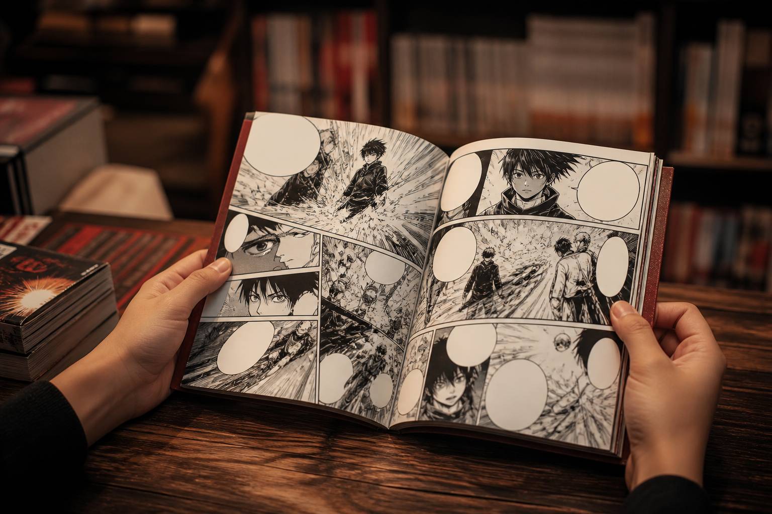 Mains tenant un manga ouvert avec des cases et bulles sans texte lisible
