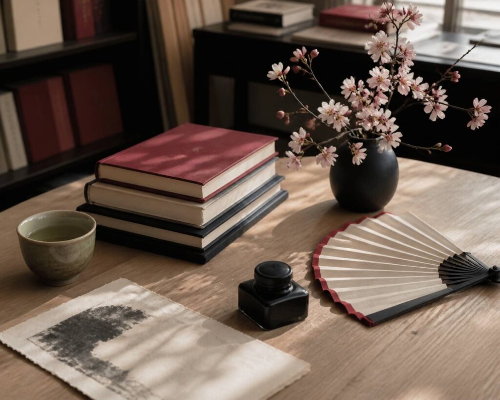 Pile de livres japonais aux couvertures sobres avec tasse de thé vert et branche de cerisier en fleurs