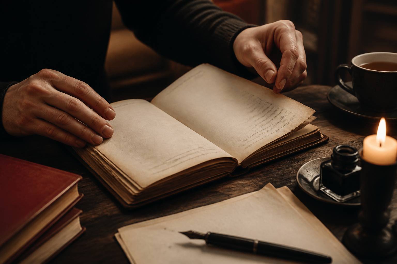 Mains feuilletant un livre ancien aux pages jaunies