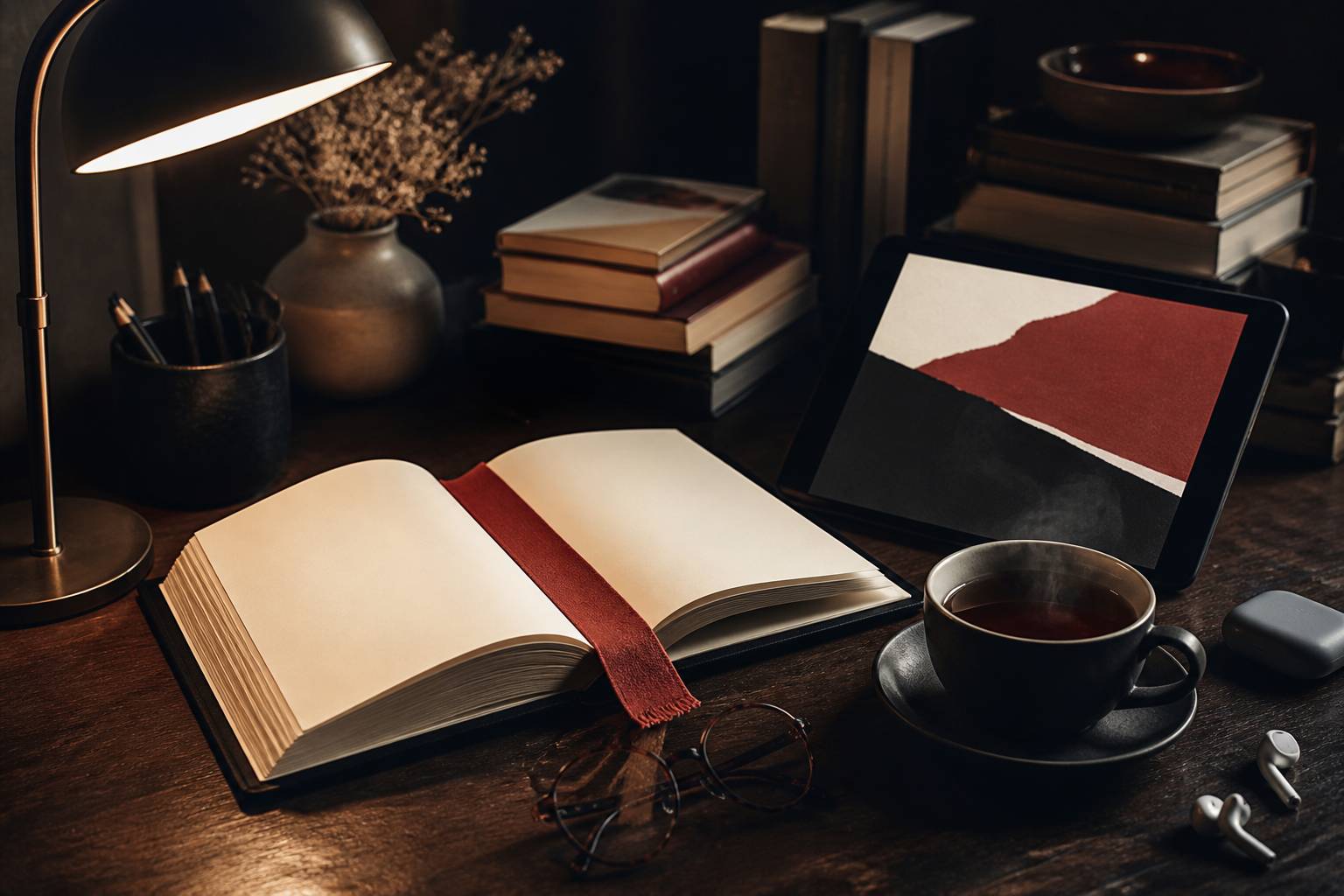 Libro aperto, occhiali e tablet su una scrivania in legno con lume caldo e tazza di te