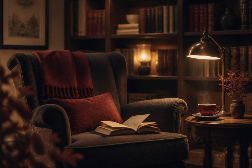 Fauteuil cosy avec livre ouvert et lampe de lecture chaude