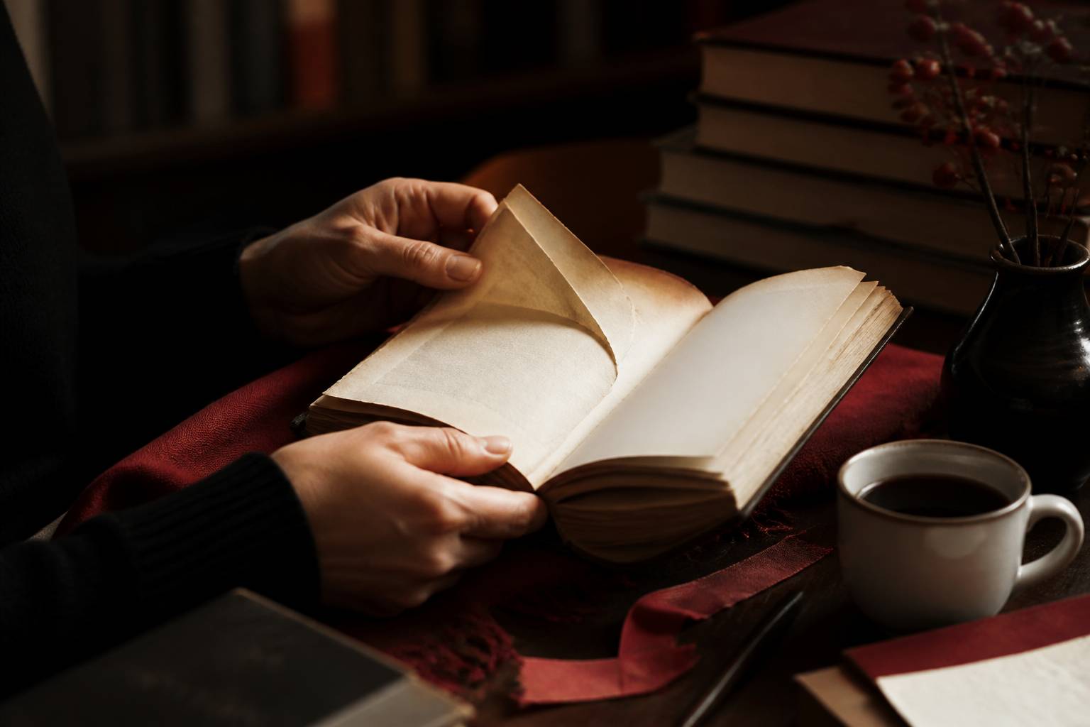 Mains feuilletant un recueil de poésie aux pages jaunies
