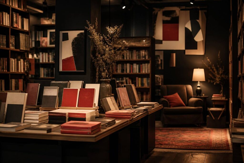 Intérieur chaleureux d'une librairie indépendante avec étagères et coin lecture